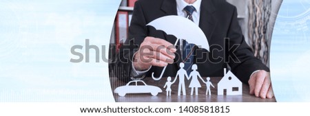 General agent protecting a family, a house and a car with his hands, color effect