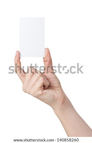 female teen hand hold vertical blank paper card, isolated on white
