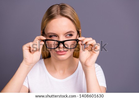 Close up photo of serious focused concentrated college university person people touch spec suspicious hear rumor secret dressed youth clothing isolated grey background