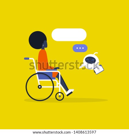Modern health care. New technologies. Young disabled black female character sitting in a wheelchair. Disability. Cute white doctor robot. Flat editable vector illustration, clip art