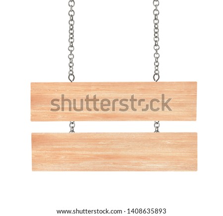 close up of a wooden sign with chain on white background with cipping path