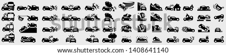 Simple Set of Car Accident Related Vector Icons.  Frontal Collision, Broken Car, Damaged Elements and more. Various types of accidents involving: car, truck, bus, train, motorbike, scooter, bicycle... Royalty-Free Stock Photo #1408641140