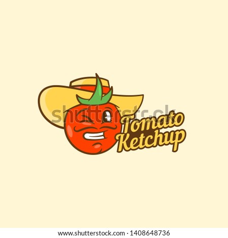 Tomato Ketchup Abstract Vector Sign, Symbol or Logo Template. Funny Smiling and Winking Spanish Senior Man Face in a Hat. Retro Typography Vegetable Food Emblem. Isolated.