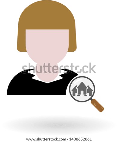 female realtor flat icon with loupe and houses symbol isolated