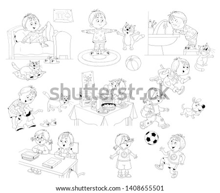 Cute little boy's morning. Schedule. Coloring book. Coloring page. Illustration for children. Poster. Cute and funny cartoon characters isolated on white background