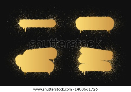Golden airbrush paint frames set. Gold grunge graffiti text banner. Vector isolated illustration. Spray background.
