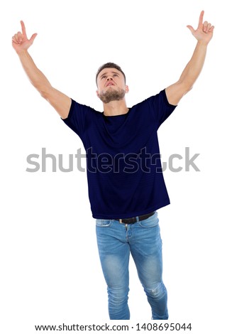 Sports fan celebrating excited for the triumph of his favorite team, with navy blue jersey on a white background.