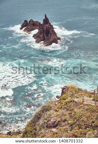 Viewpoint on Famous Benijo Rock located at Benijo Beach seen from above, color toned picture, Tenerife, Spain.