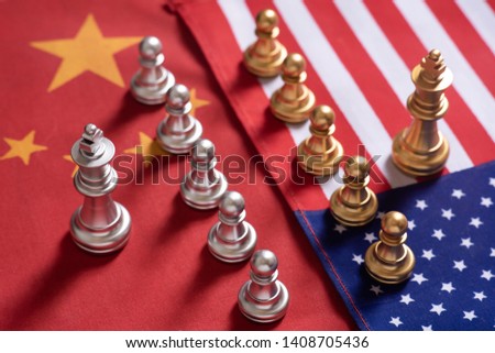Chess game. Two team stand confront each other on China and USA national flags. Trade war concept. Copy space. Royalty-Free Stock Photo #1408705436