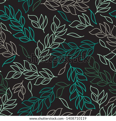 seamless vector repeat, green, blue and grey leaves on a black background, background texture