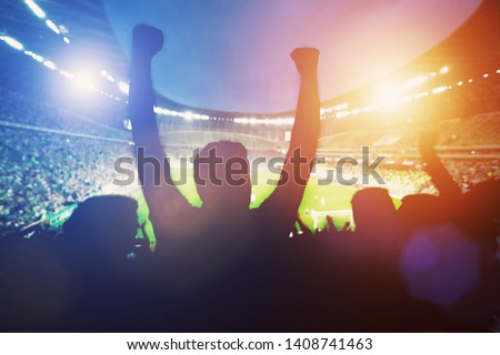 Happy football fans support their team and celebrating goal with hands up. Big stadium Royalty-Free Stock Photo #1408741463