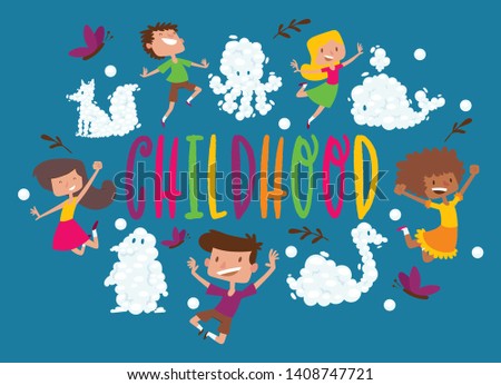 Kids cloud animals pattern vector children characters boy girl with cartoon animalistic cloudy fluffy shapes backdrop and blue clouded sky heaven wallpaper illustration cloudscape background.