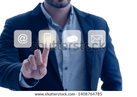 businessman pressing on Visual screen phone button, Social Media contact us concept