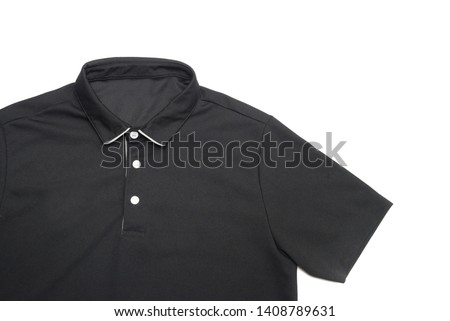 Blank black polo shirt with three white buttons. Polo shirt isolated on white background. Men's clothing.