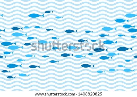 Blue school of fish swimming seamless pattern vector print. Ocean or sea waves, curve stripes background. Shoal of fishes underwater in the sea. Marine summer seamless pattern design.