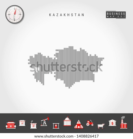Vector Vertical Lines Pattern Map of Kazakhstan. Striped Simple Silhouette of Kazakhstan. Realistic Vector Compass. Business Infographic Icons.