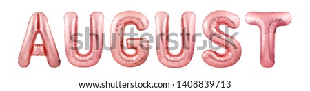 Word august made of rose gold inflatable balloon letters isolated on white background. Helium balloons forming word august