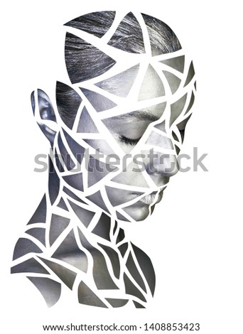 Portrait of a young lady with gray mosaic makeup. Silver triangles drawn on woman face. Isolated on white.