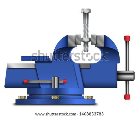 Bench vise. Metal clamps. Vice for metalworking. Carpentry tools for fixing parts in various types of processing. Vector illustration.