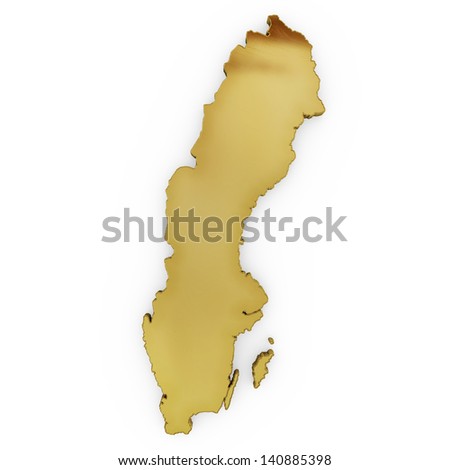 The photorealistic golden shape of Sweden isolated on white (series) . The rendering even has tiny scratches