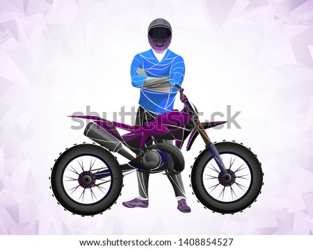 A stylized, geometric motorcycle vector. Motocross rider creates a huge cloud of dust. motorbike on the forest road riding. having fun driving the empty road.