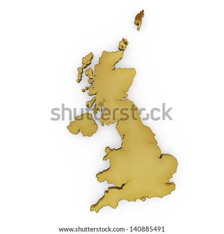 The photorealistic golden shape of United Kingdom isolated on white (series) . The rendering even has tiny scratches