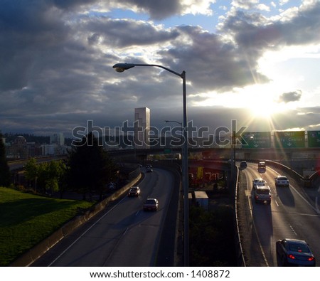 Evening time over freeway and Portland, Oregon