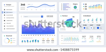 Dashboard UI. Modern presentation with data graphs and HUD diagrams, clean and simple app interface. Vector abstract modern web UI design Royalty-Free Stock Photo #1408875599