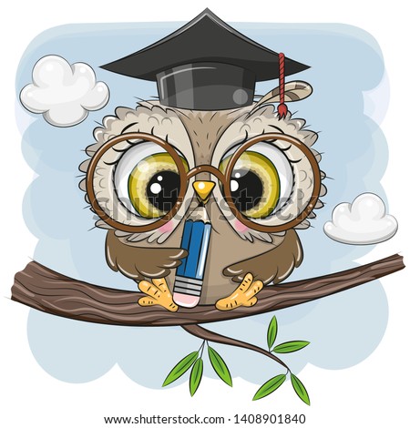 Cute Clever owl with pencil and in graduation cap sitting on a branch