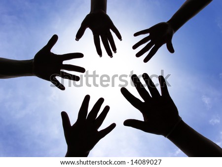 Five hands symbol of union touch white light Royalty-Free Stock Photo #14089027