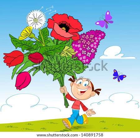 The illustration shows a cheerful girl. She runs across the grass with a bouquet of flowers. Illustration done in cartoon style.