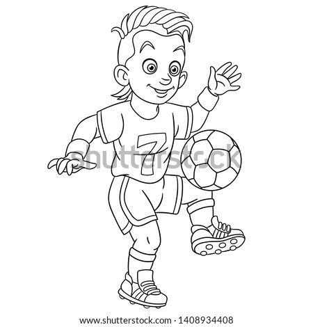 Colouring page. Cute cartoon footballer, young boy playing football. Childish design for kids coloring book.