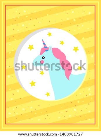 Cute unicorn card colorful raster illustration isolated on glossy striped background white circle with set of yellow stars blue horse pink mane