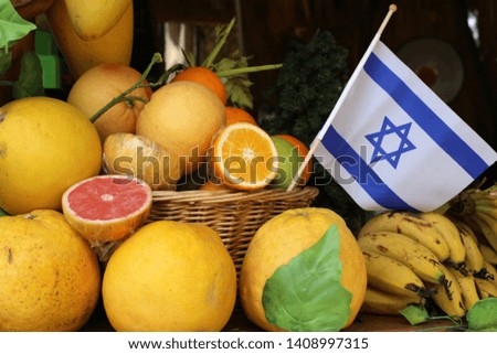 white and blue with the star of david the flag of israel with fruits