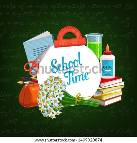 Back to School, education season poster with student classes supplies. Vector green chalkboard with algebra or mathematics formula, pencils and watercolor paint brushes in pen case and study books