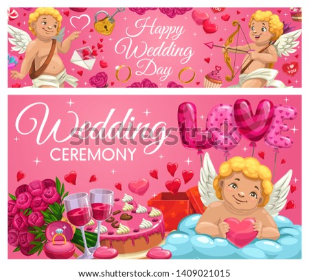 Happy wedding day, Save the Date ceremony cards. Vector cupid with arrow and bow, resting on cloud with heart, love and passion. Engagement ring, flower bouquets and cake, envelope and wine glasses