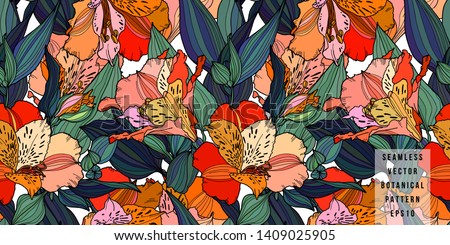 Vector seamless pattern with hand drawn plants. Summer botanical background. Alstroemeria hand drawn bright multi color flowers with leaves repeatable wallpaper. Royalty-Free Stock Photo #1409025905