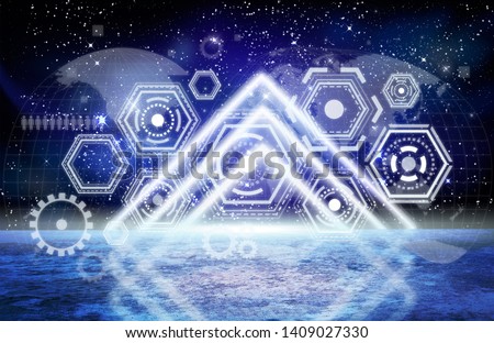 Wet asphalt, neon light reflected on a wet surface, arch, light triangle, pyramid abstract light, smoke, smog. Night background, night city
    
    - Image