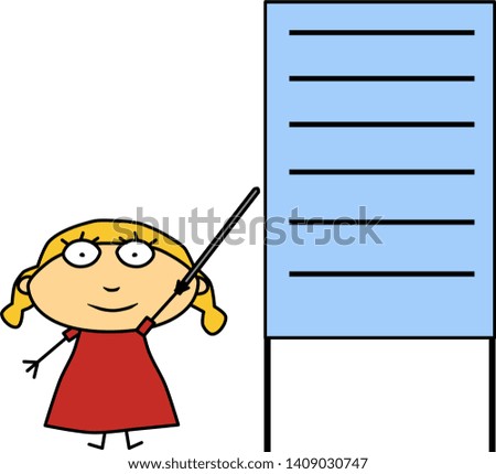 Girl shows a poster with information. Demonstration of the report. Flat cartoon character. Color illustration for modern design. Vector.
