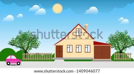 pink car near the country house with a garage, a fence and a garden under the sky with the sun and clouds. bright colorful multicolor landscape. vector