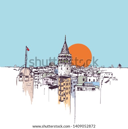 Drawing sketch illustration of the Galata Tower and Galata district of Beyoglu, Istanbul Royalty-Free Stock Photo #1409052872
