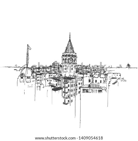 Drawing sketch illustration of the Galata Tower and Galata district of Beyoglu, Istanbul Royalty-Free Stock Photo #1409054618