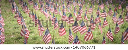 Banner format panorama large group of tiny American flags in a field commemorating a national holiday, Memorial Day, Veterans, Independence, 9/11, etc. Row of flags on the grass in the park tribute