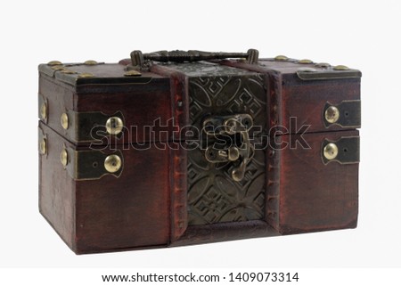 Old wooden treasure chest on white background.