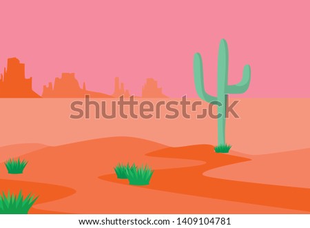 Desert landscape view in sunset or sunrise time in pink-orange color tone with cactus tree stands aloneness in the middle of the desert 