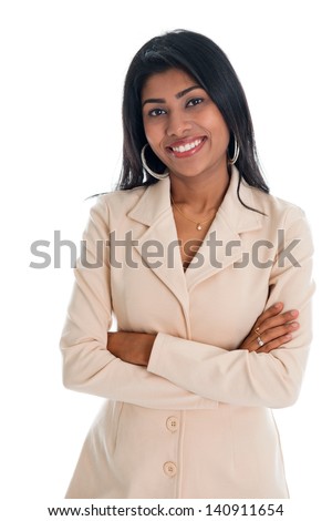 Attractive Indian businesswoman hands folded in business suit smiling happy. Portrait of beautiful Asian female model standing isolated on white background.