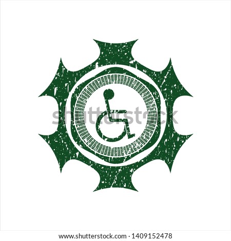 Green disabled (wheelchair) icon inside distressed rubber grunge seal