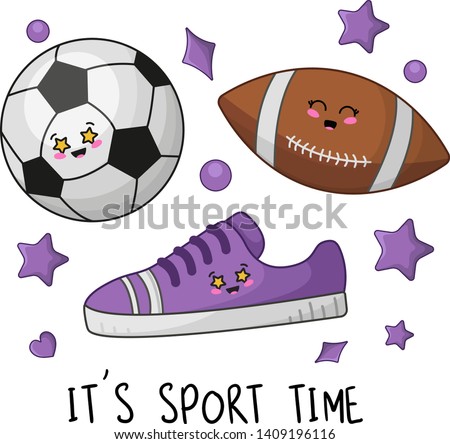 Set of kawaii school sport stuffs, back to school or learning concept, cute cartoon characters - soccer ball, rugby, sneaker with emoji. Childrens vector flat illustration of education