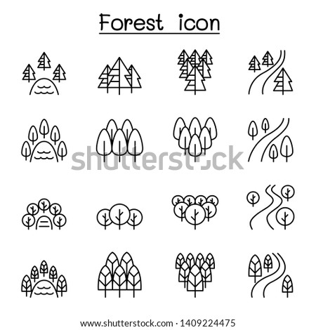 Forest, lake, river, park, landscape icon set in thin line style