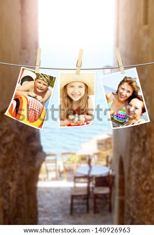 photos of holiday people hanging on clothesline with greek street background